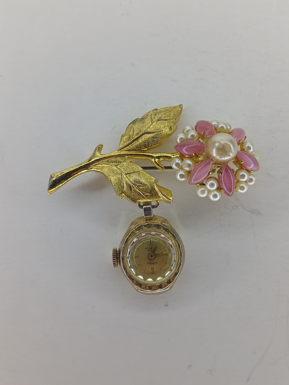 Vintage Samba Swiss Pendant Watch Pink Flower Brooch 17 Jewels Gold Tone